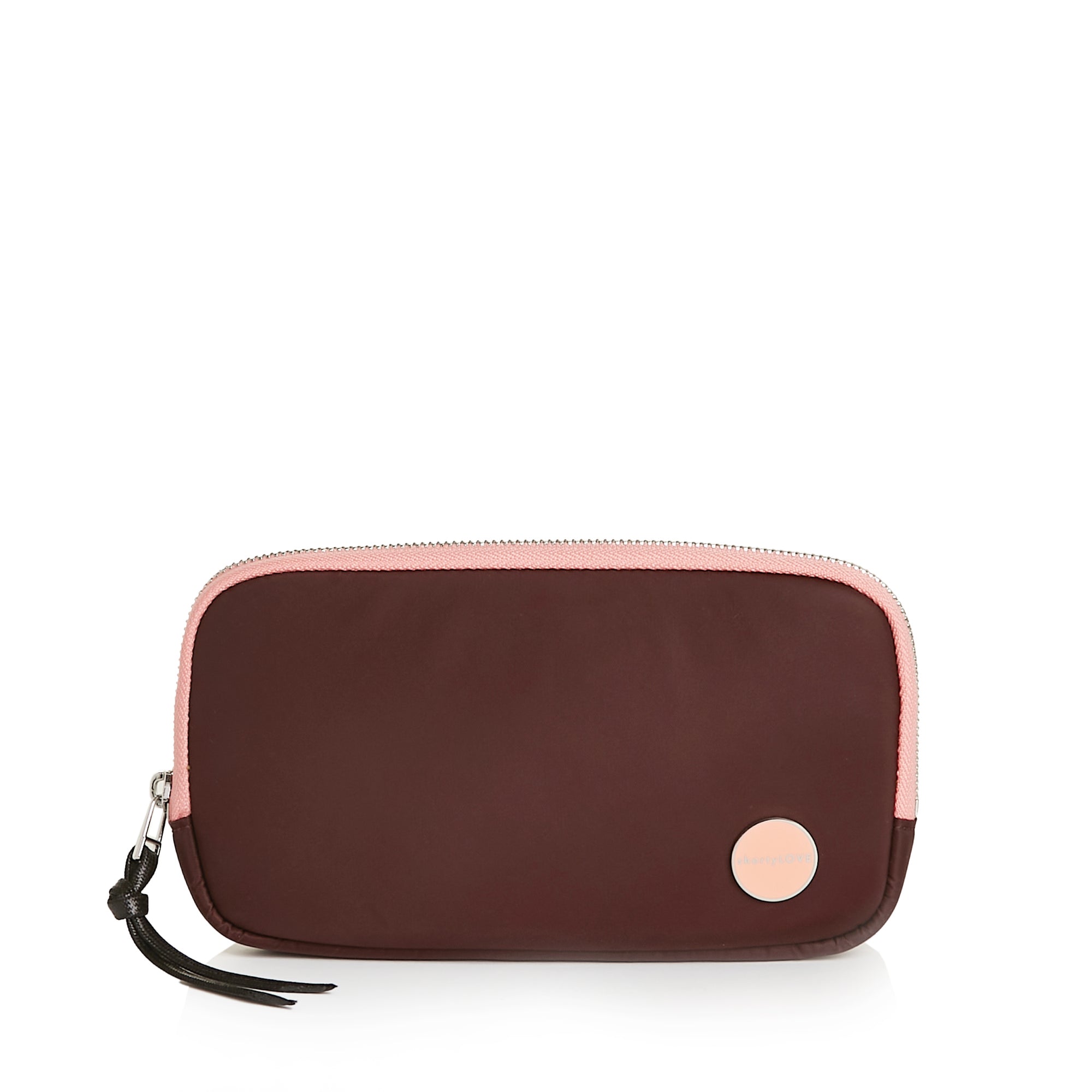 shortyLOVE jetty clutch/wallet in burgundy; front view against white background.