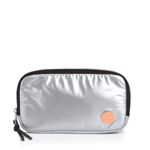 shortyLOVE jetty clutch/wallet in silver; front view against white background.