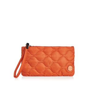shortyLOVE cleo wristlet clutch in orange; front view against white background.
