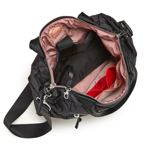 shortyLOVE ranger large tote bag in black; top-down view showing interior blush lining against white background.