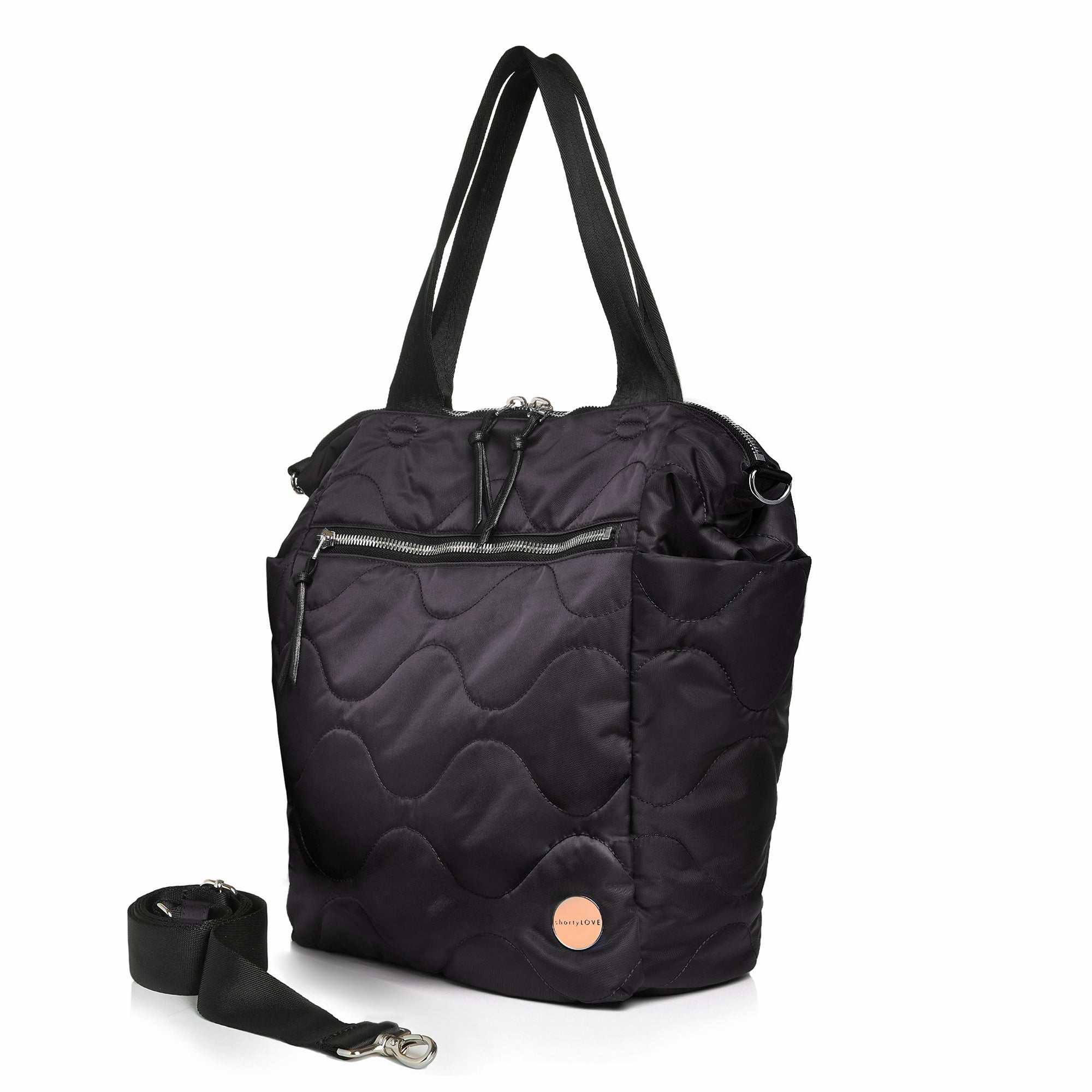 shortyLOVE ranger large tote bag in black; side view against white background.