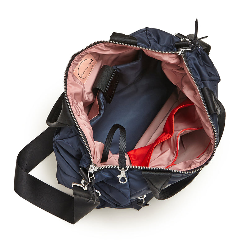 shortyLOVE ranger large tote bag in midnight; top-down view showing interior blush lining against white background.