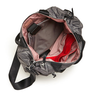 shortyLOVE ranger large tote bag in pewter; top-down view showing interior blush lining against white background.