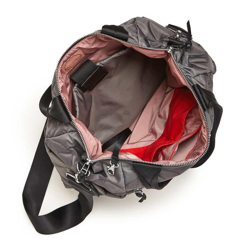 shortyLOVE ranger large tote bag in pewter; top-down view showing interior blush lining against white background.