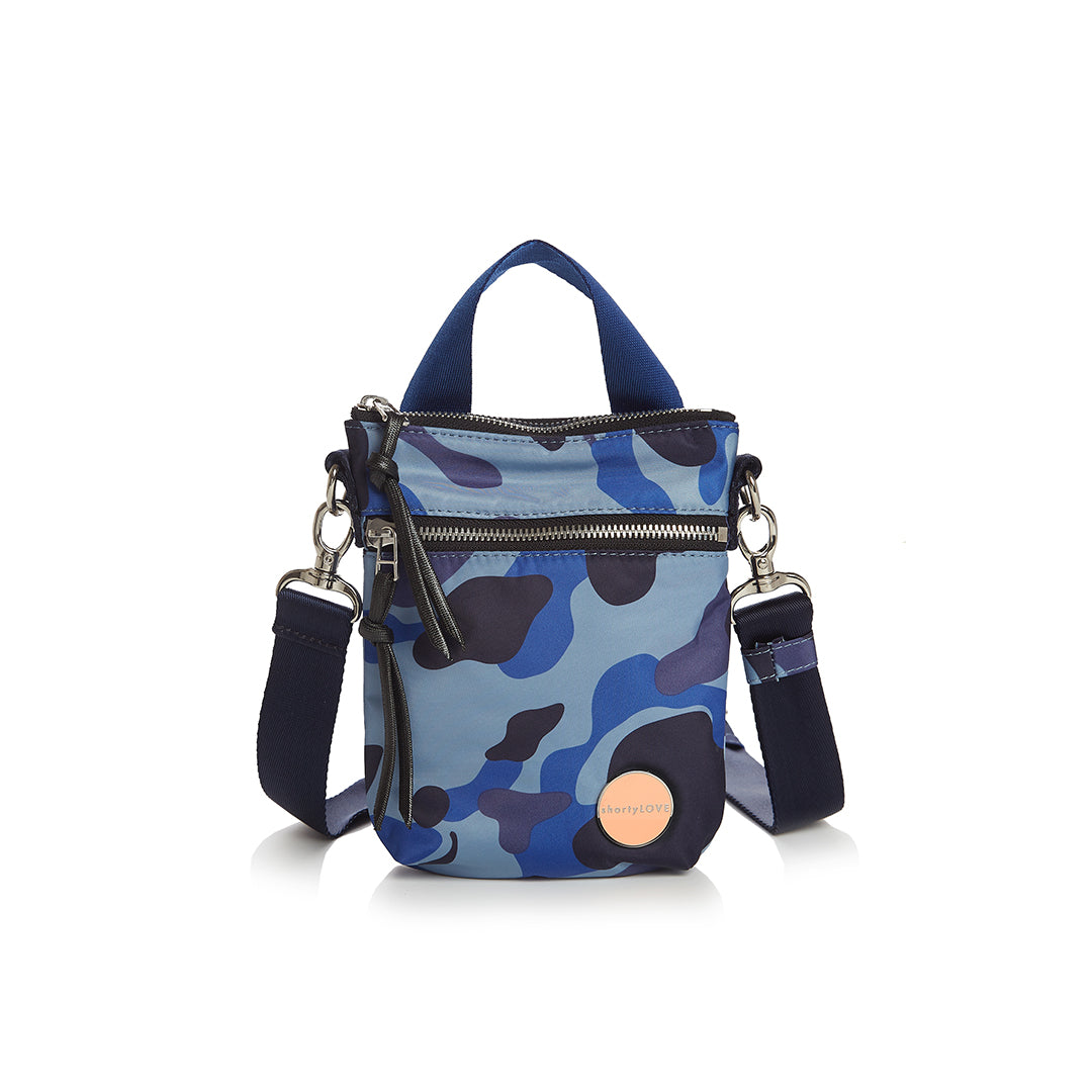 shortyLOVE shorthand small crossbody bag in blue camo; front view against white background.