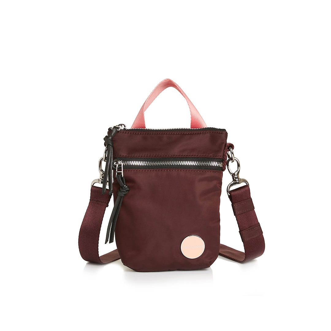 shortyLOVE shorthand small crossbody bag in burgundy; front view against white background.