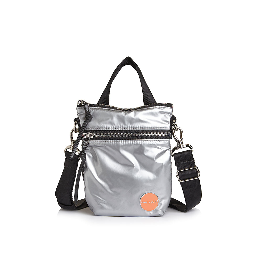 shortyLOVE shorthand small crossbody bag in silver; front view against white background.