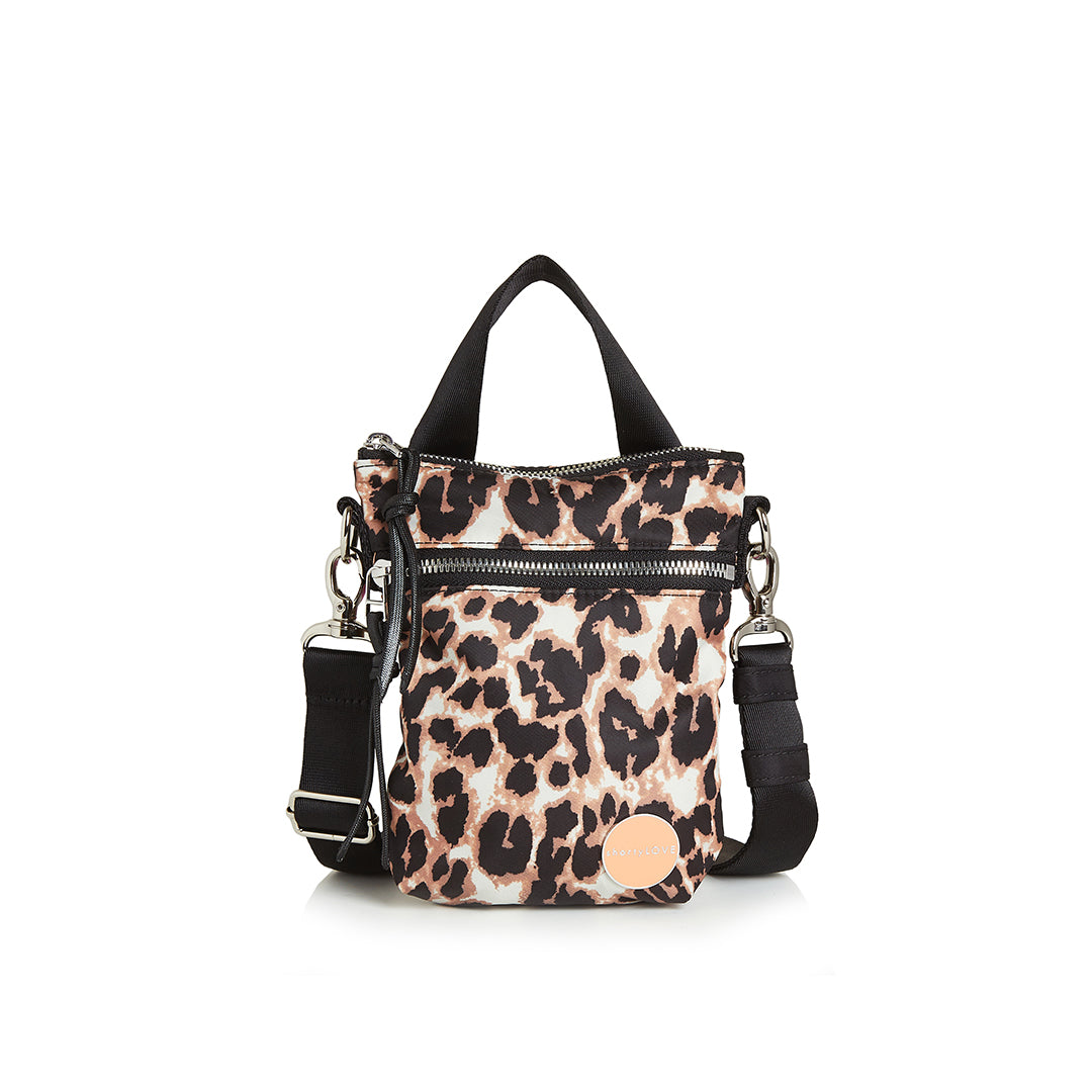 shortyLOVE shorthand small crossbody bag in leopard; front view against white background.