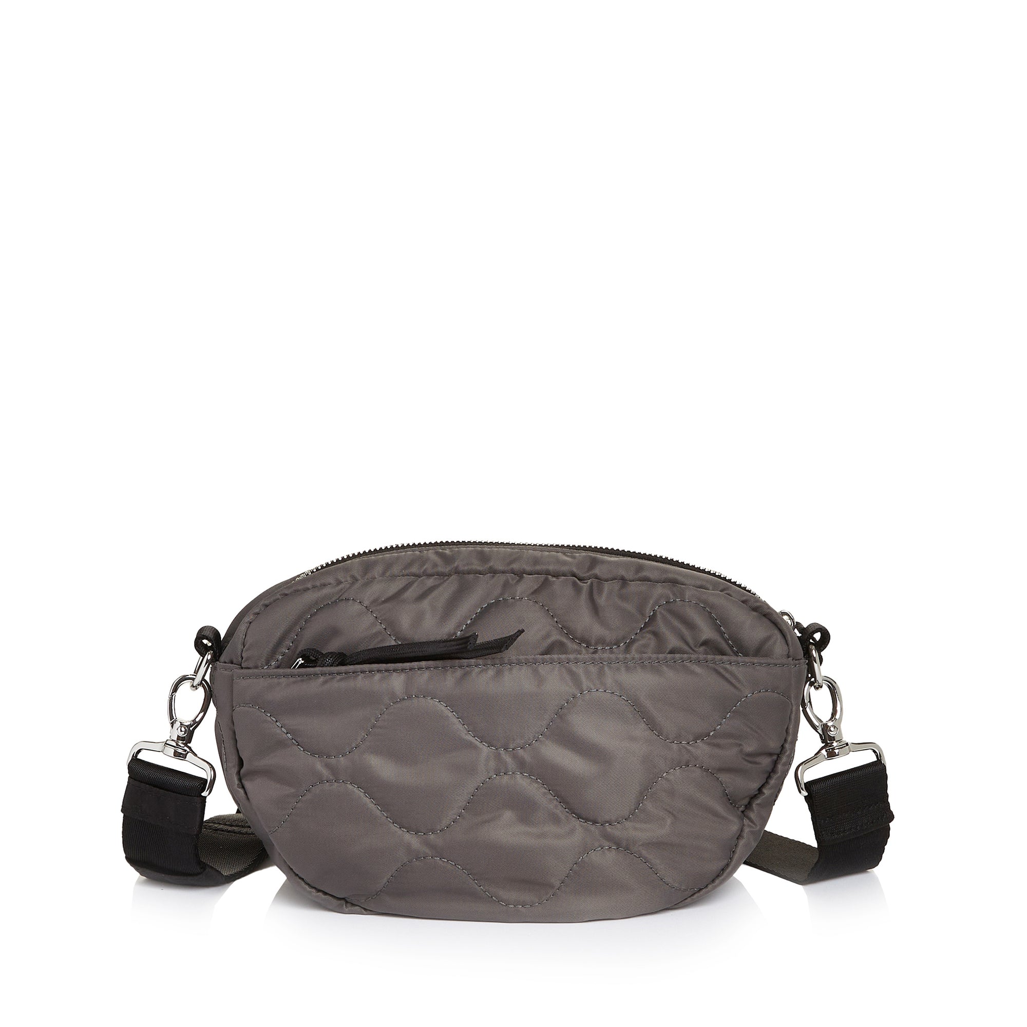 shortyLOVE small cruiser small crossbody bag in pewter; back view against white background.