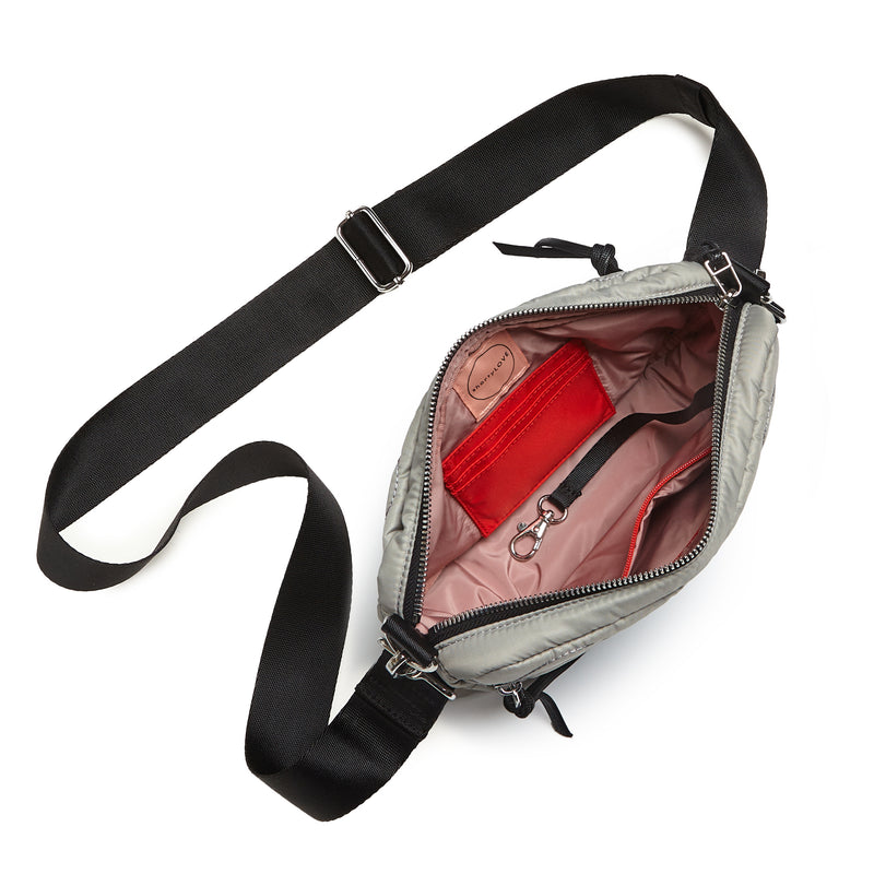 shortyLOVE small cruiser small crossbody bag in milky grey; top-down view showing interior blush lining against white background.