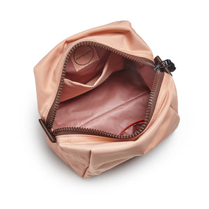 shortyLOVE stevie cosmetic bag in dusty peach; top-down view showing interior blush/red lining against white background.