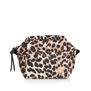 shortyLOVE stevie cosmetic bag in leopard; front view against white background.