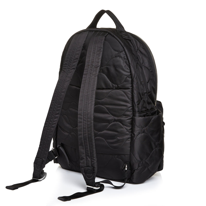 shortyLOVE tate backpack in black; back view against white background.
