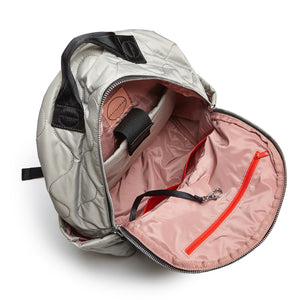 shortyLOVE tate backpack in milky grey; top-down view showing interior blush lining against white background.