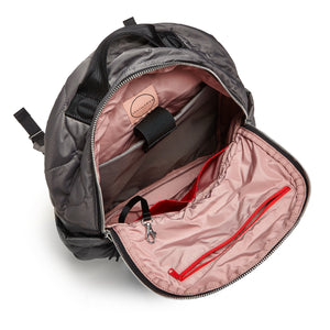 shortyLOVE tate backpack in pewter; top-down view showing interior blush lining against white background.