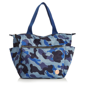 shortyLOVE tillie tote bag in blue camo; front view against white background.