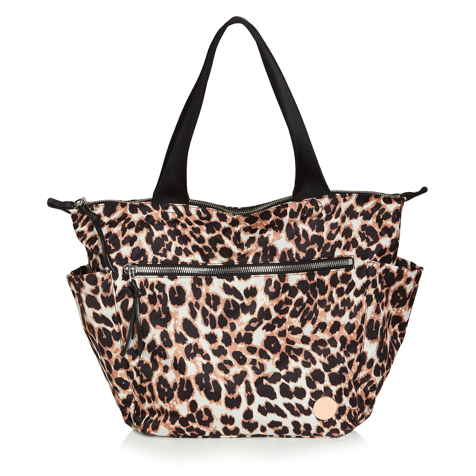 shortyLOVE tillie tote bag in leopard; front view against white background.