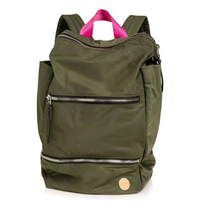 shortyLOVE boxer backpack bag in army green; front view against white background.