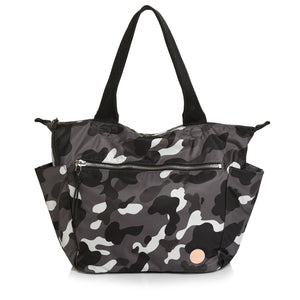 shortyLOVE tillie tote bag in grey camo; front view against white background.