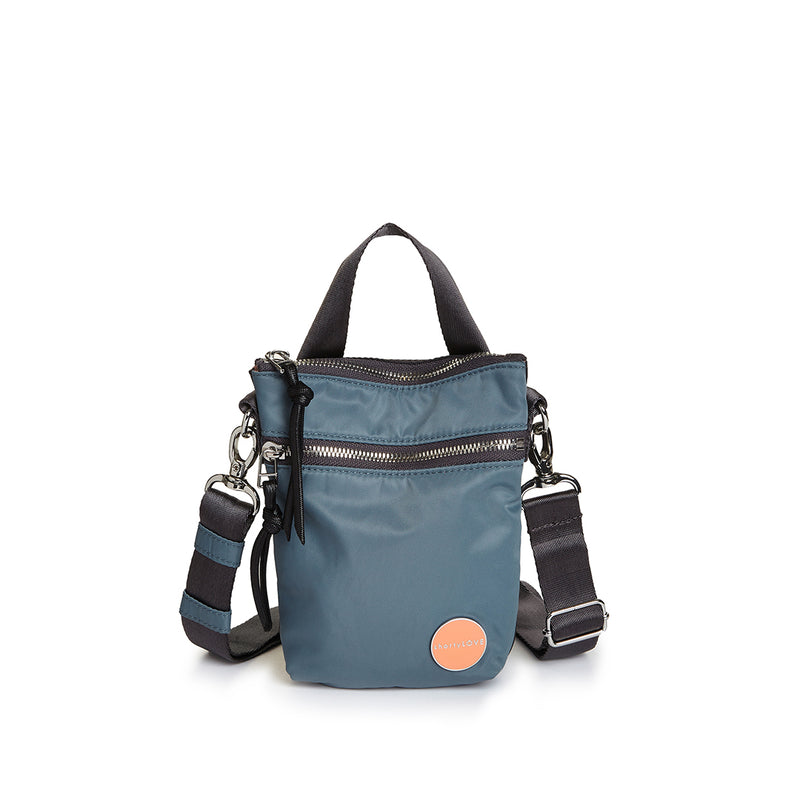 shortyLOVE shorthand small crossbody bag in steel blue/charcoal; front view against white background.