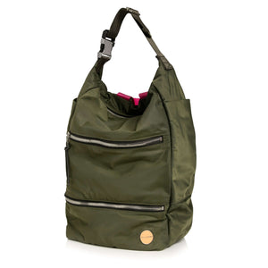 shortyLOVE boxer backpack bag in army green; side angle view against white background.