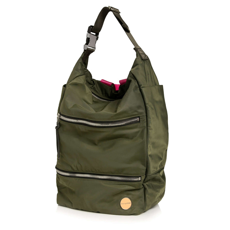 shortyLOVE boxer backpack bag in army green; side angle view against white background.