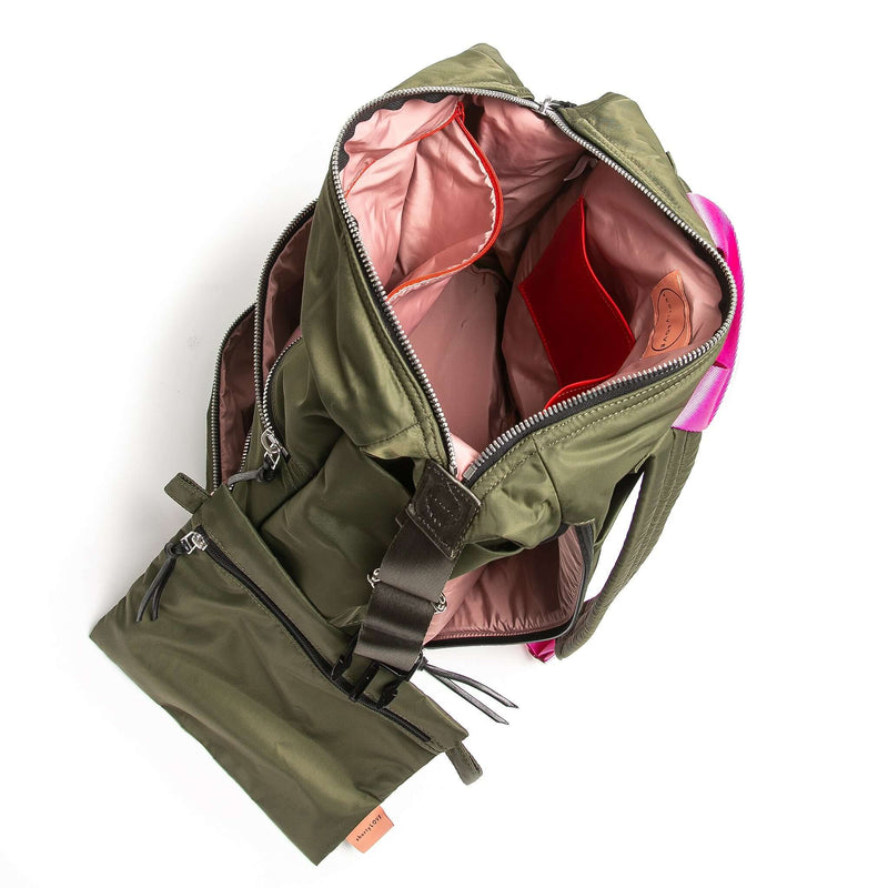 mshortyLOVE boxer backpack bag in army green; top-down view showing interior pink lining against white background.