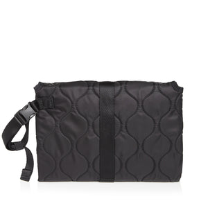 Black quilted diaper changing mat folded and closed - back view on a white background