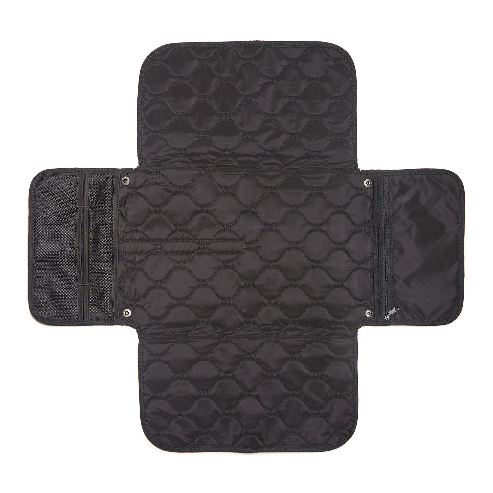 Black quilted diaper changing mat with multiple compartments on a white background