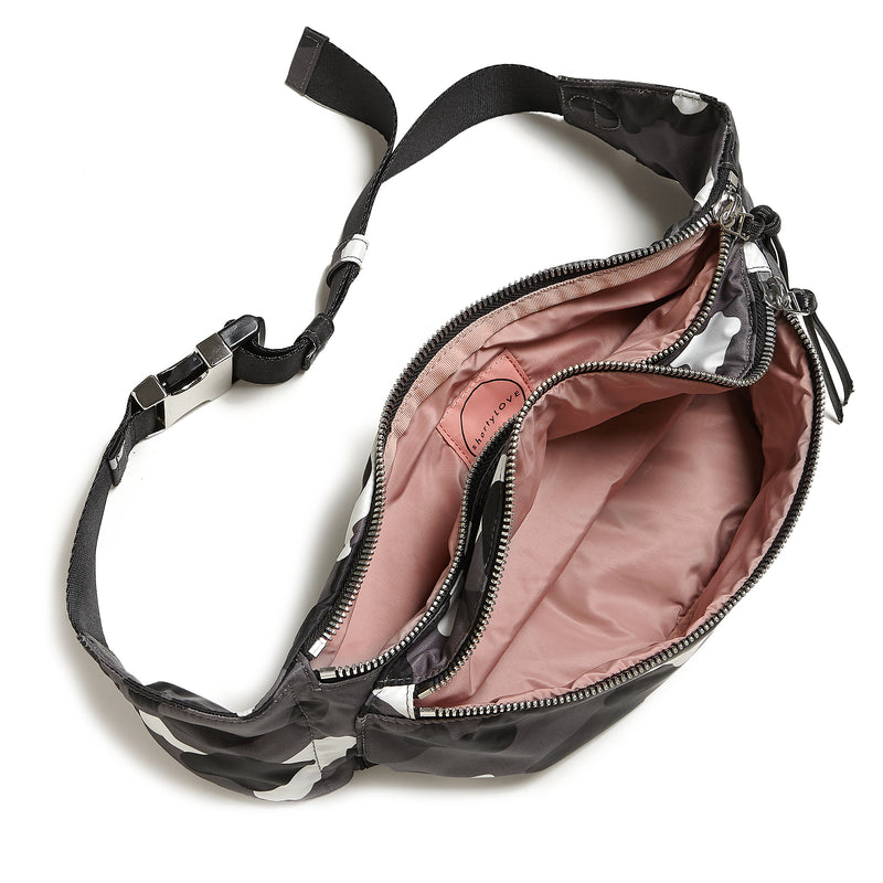 shortyLOVE arcade belt bag in grey camo; top-down view showing interior blush lining against white background.