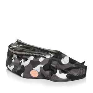 shortyLOVE arcade belt bag in grey camo; side angle view against white background.
