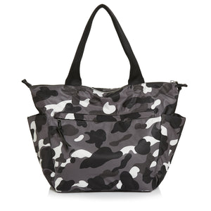 shortyLOVE tillie tote bag in grey camo; back view against white background.