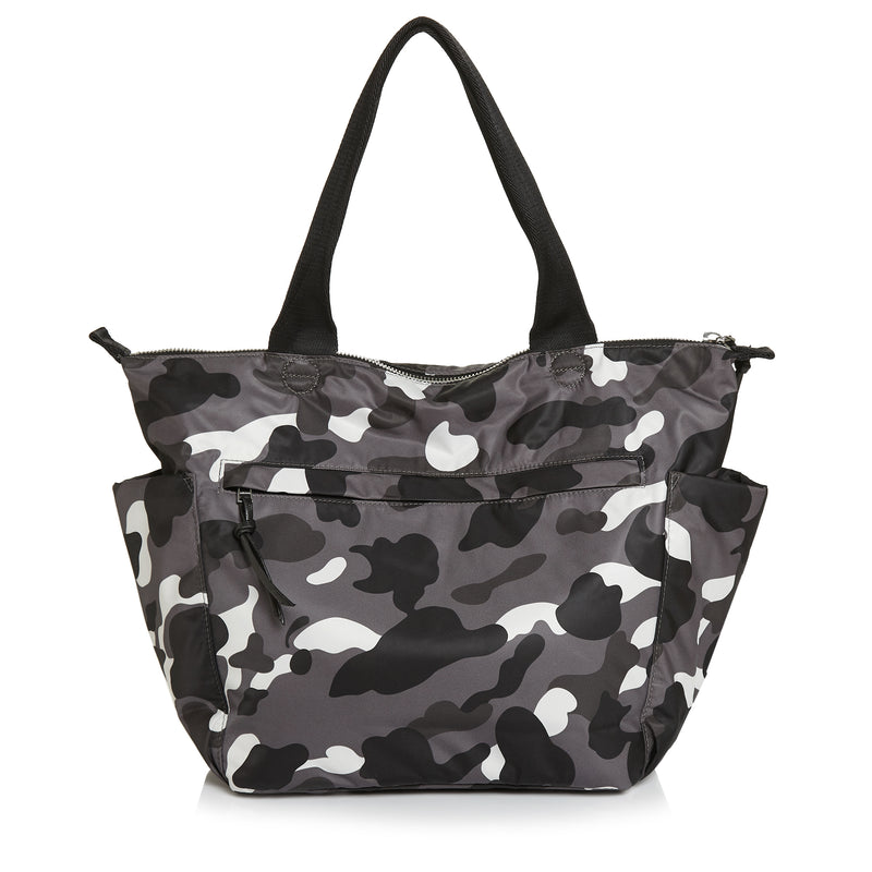 shortyLOVE tillie tote bag in grey camo; back view against white background.