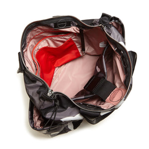 shortyLOVE tillie tote bag in grey camo; top-down view showing interior grey camo lining against white background.