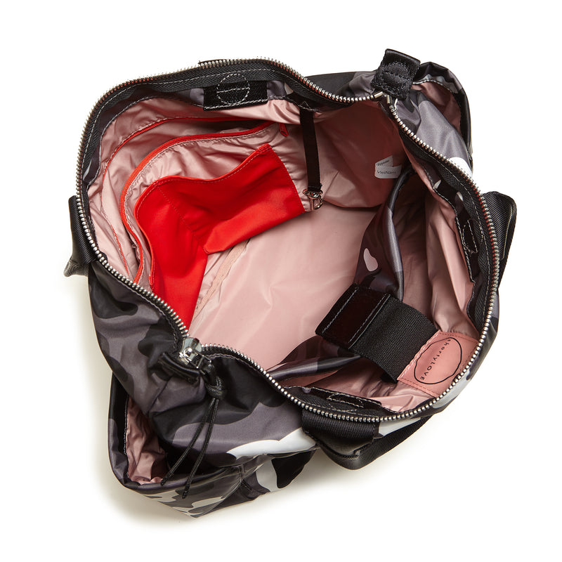 shortyLOVE tillie tote bag in grey camo; top-down view showing interior grey camo lining against white background.