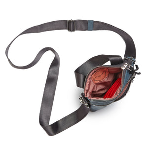 shortyLOVE shorthand small crossbody bag in steel blue/charcoal; top-down view showing interior steel blue/charcoal lining against white background.