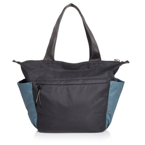 shortyLOVE tillie tote bag in steel blue/charcoal; back view against white background.