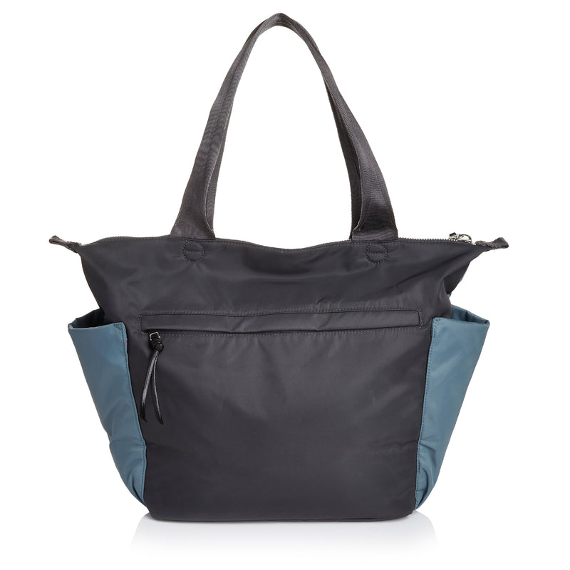 shortyLOVE tillie tote bag in steel blue/charcoal; back view against white background.