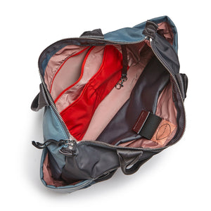 shortyLOVE tillie tote bag in steel blue/charcoal; top-down view showing interior steel blue/charcoal lining against white background.