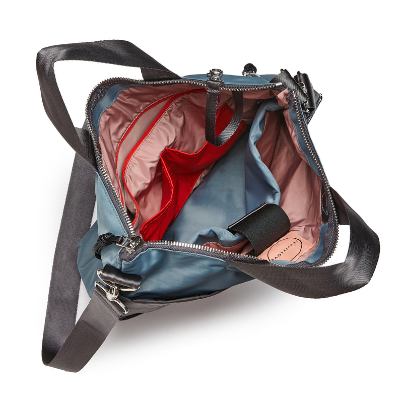 shortyLOVE wonder large crossbody/messenger bag in steel blue/charcoal; top-down view showing interior steel blue/charcoal lining against white background.