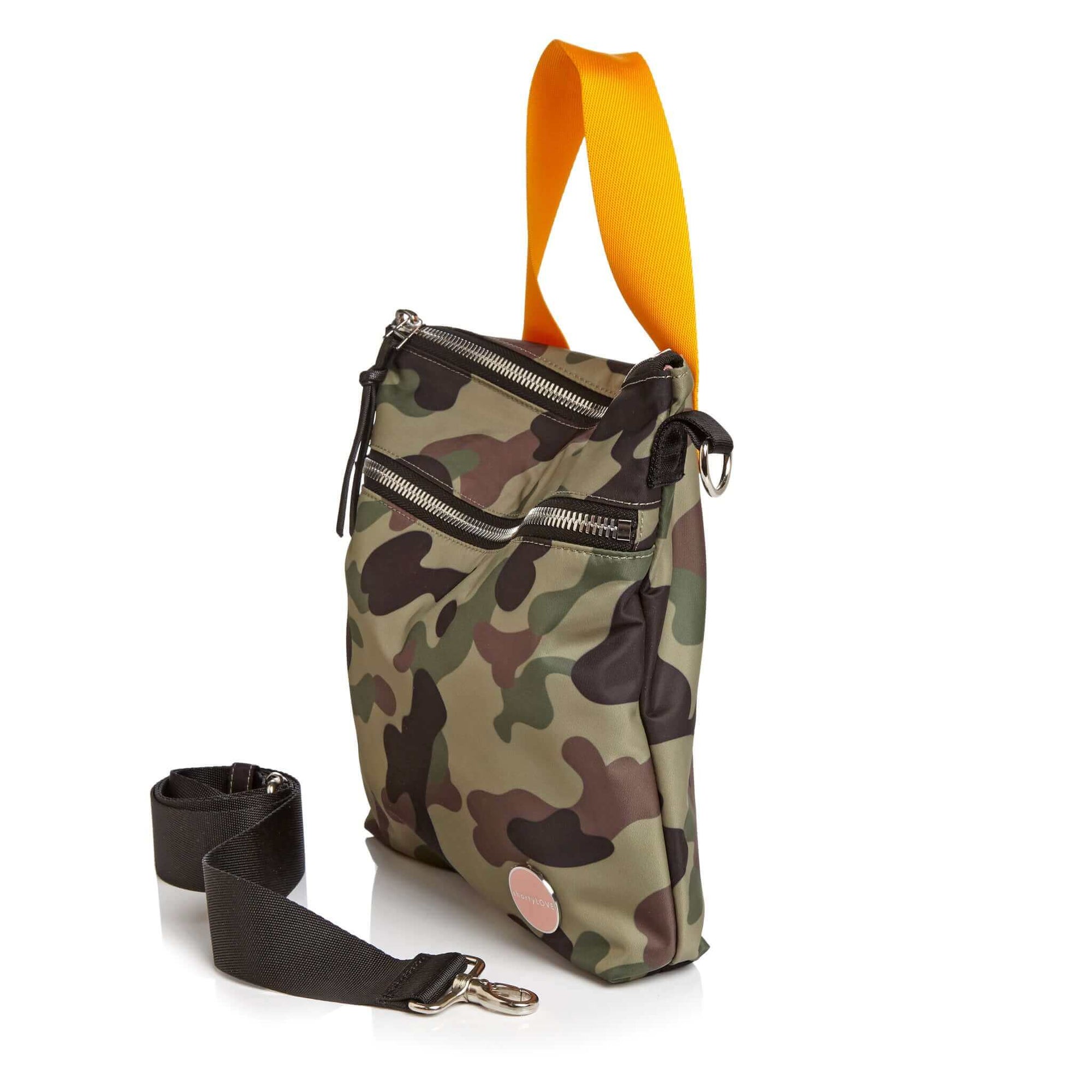 shortyLOVE amuse medium sized crossbody bag in green camo; side angle view against white background.