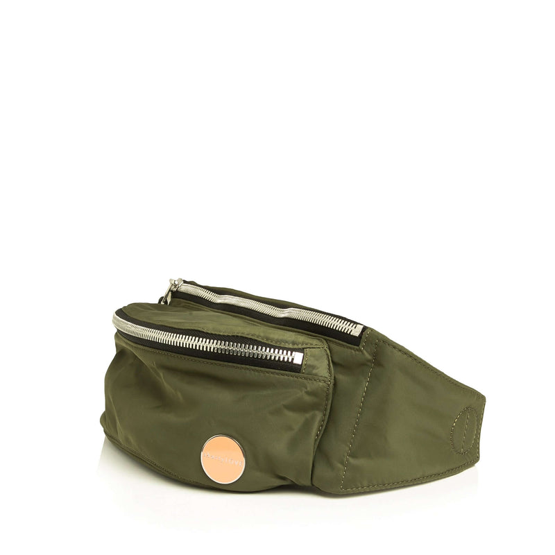 shortyLOVE arcade belt bag in army green; side angle view against white background.