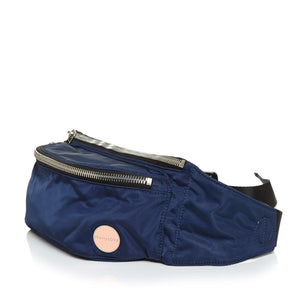 shortyLOVE arcade belt bag in navy; side angle view against white background.
