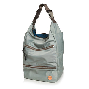 shortyLOVE boxer backpack in slate/teal; side angle view against white background.