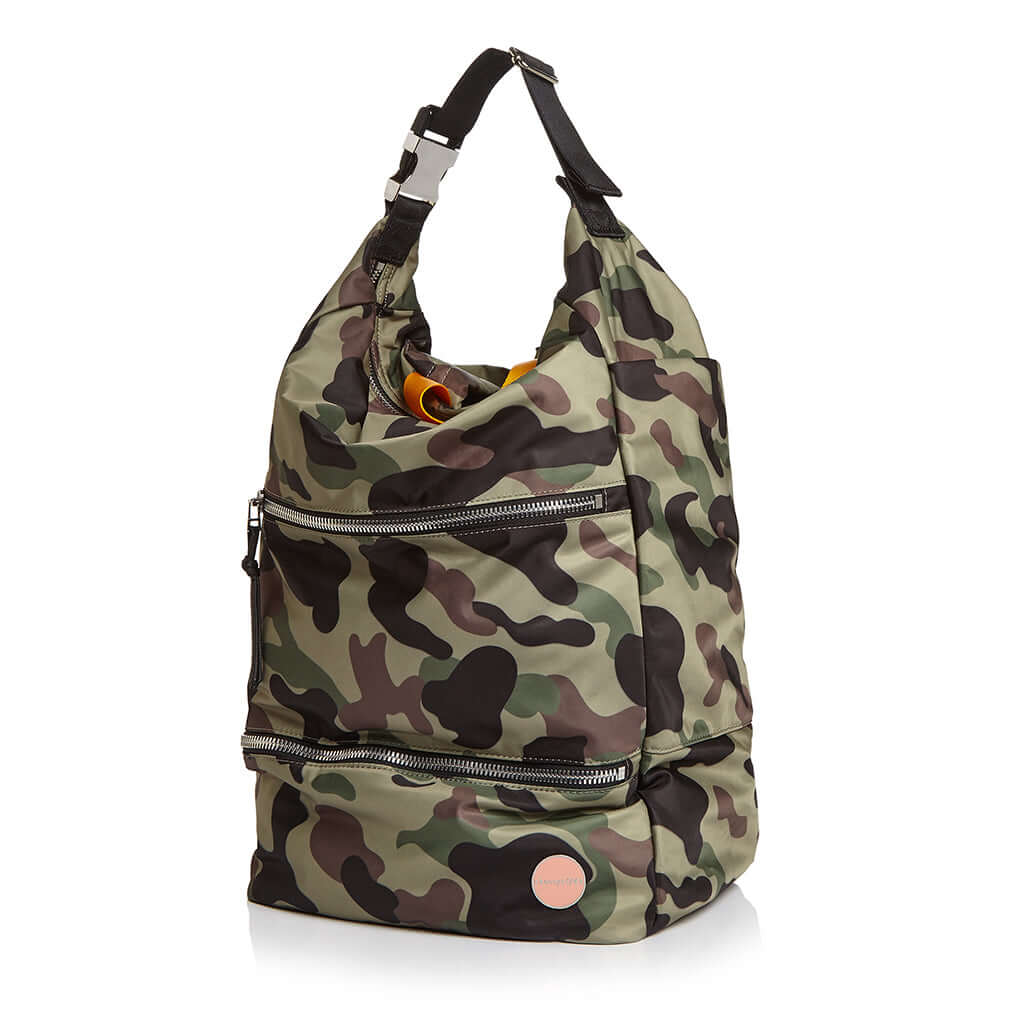 shortyLOVE boxer backpack bag in green camo; side angle view against white background.