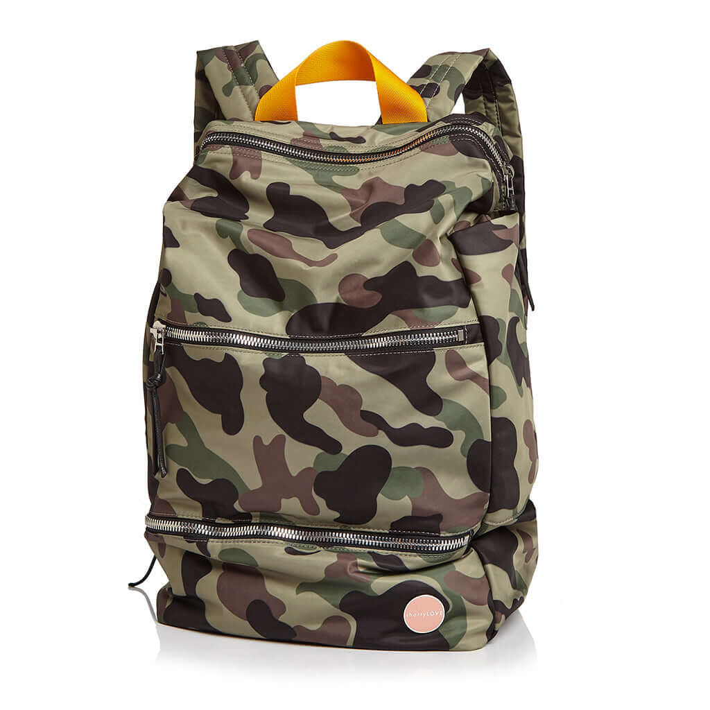 shortyLOVE boxer backpack bag in green camo; front view against white background.