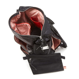 shortyLOVE boxer backpack bag in black; top-down view showing interior pink lining against white background.