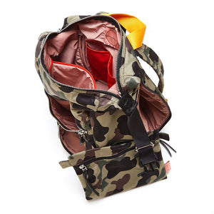 shortyLOVE boxer backpack bag in green camo; top-down view showing interior pink lining against white background.