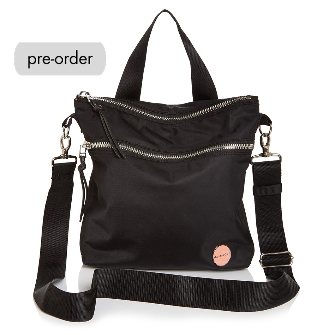 shortyLOVE amuse medium sized women’s nylon crossbody handbag in black; front view against white background