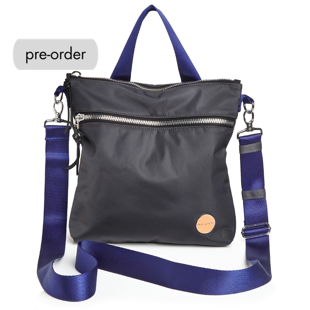 shortyLOVE amuse medium sized crossbody bag in charcoal; front view against white background.